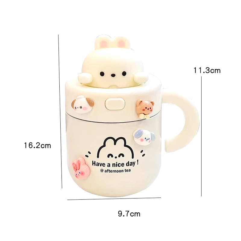 Kawaii Bear Thermal Mug Insulated Coffee Tumbler for Hot Cold Drinks Water Tea Large Thermos Stainless Steel Cup with Straw Lid