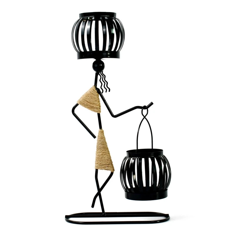 Retro Iron Holder Abstract Man Candlestick Desktop Art Ornament for Home Wedding Birthday Party Dining Table Decor Gift