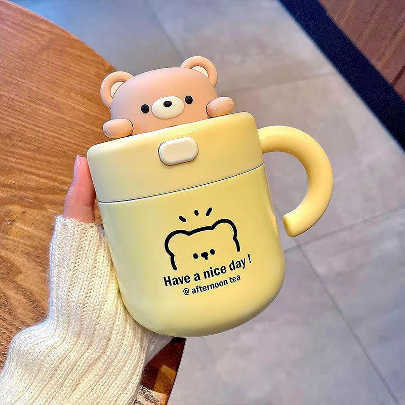 Kawaii Bear Thermal Mug Insulated Coffee Tumbler for Hot Cold Drinks Water Tea Large Thermos Stainless Steel Cup with Straw Lid