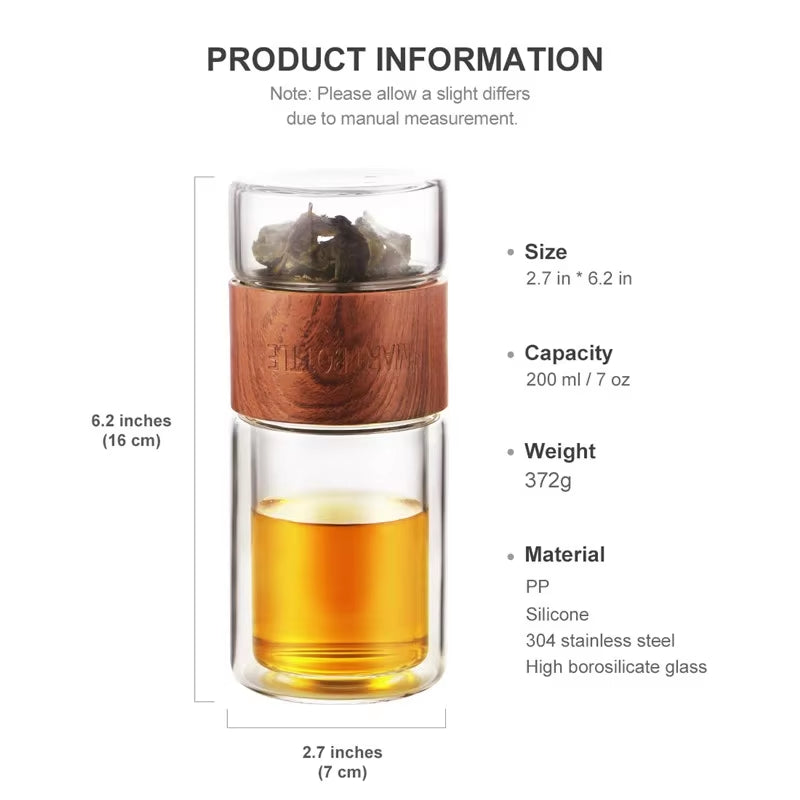 BOZZH Glass Tea Bottle Portable Double Wall Kung Fu Tea with Case Tea Drink Bottle Infuser Tumbler Drinkware Creative Gift