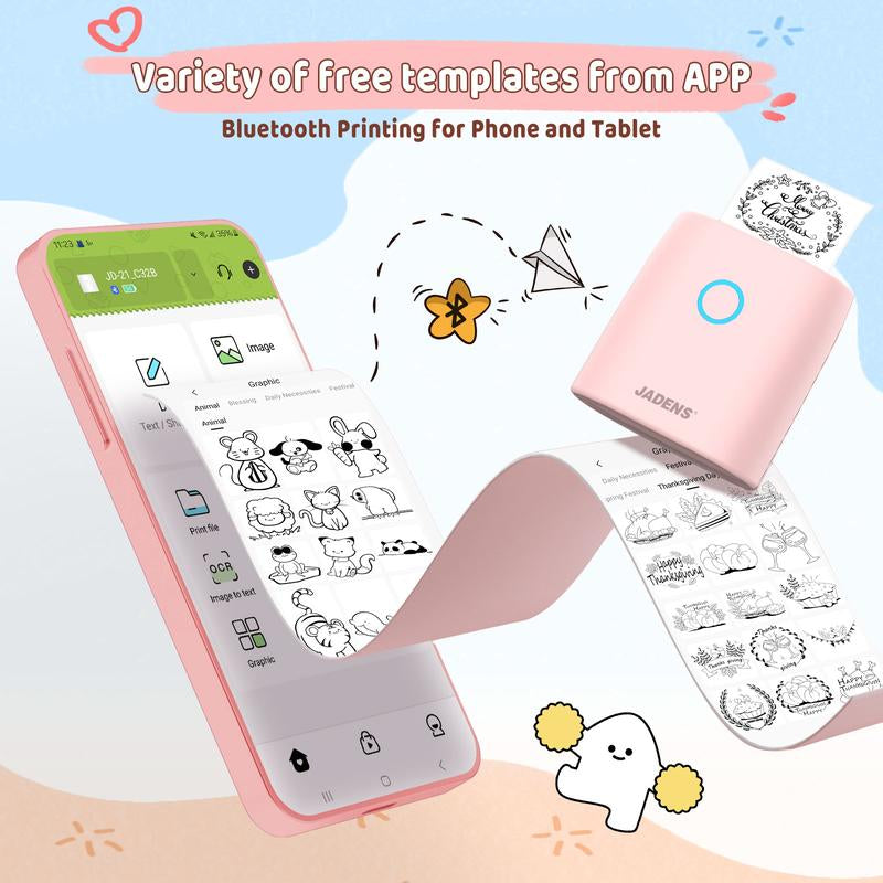 JADENS Mini Sticker Printer-2 Inch Bluetooth Thermal Pocket Printer,Inkless Portable Printer for Study Notes,Photos, Memos,Lists,Work Plans,Diy,Gifts,Journals Sticker Printer