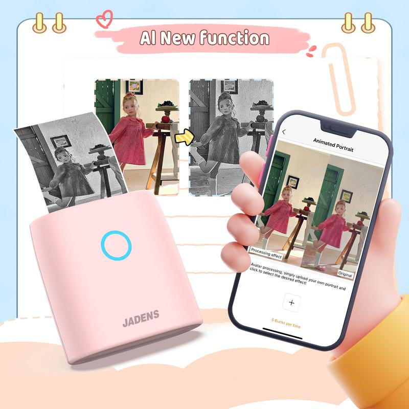 JADENS Mini Sticker Printer-2 Inch Bluetooth Thermal Pocket Printer,Inkless Portable Printer for Study Notes,Photos, Memos,Lists,Work Plans,Diy,Gifts,Journals Sticker Printer