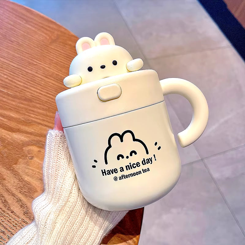 Kawaii Bear Thermal Mug Insulated Coffee Tumbler for Hot Cold Drinks Water Tea Large Thermos Stainless Steel Cup with Straw Lid