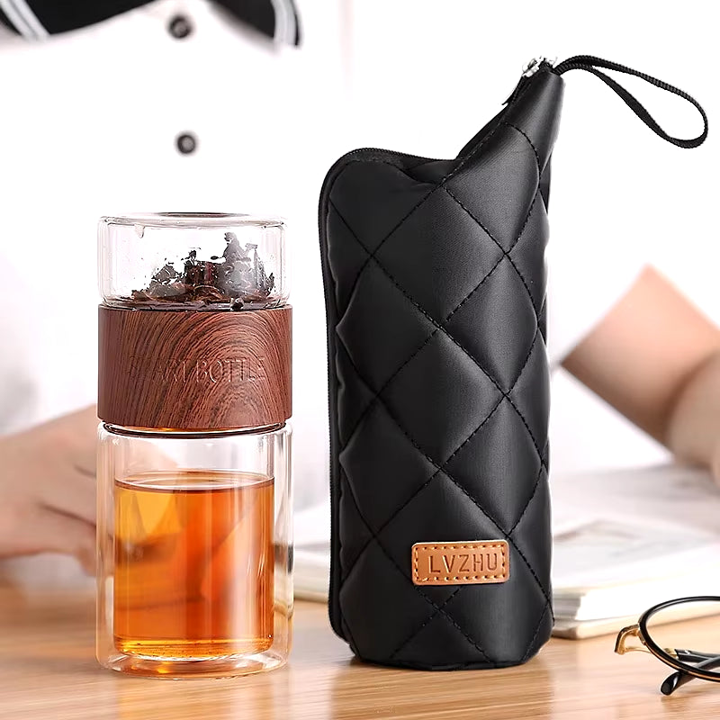 BOZZH Glass Tea Bottle Portable Double Wall Kung Fu Tea with Case Tea Drink Bottle Infuser Tumbler Drinkware Creative Gift