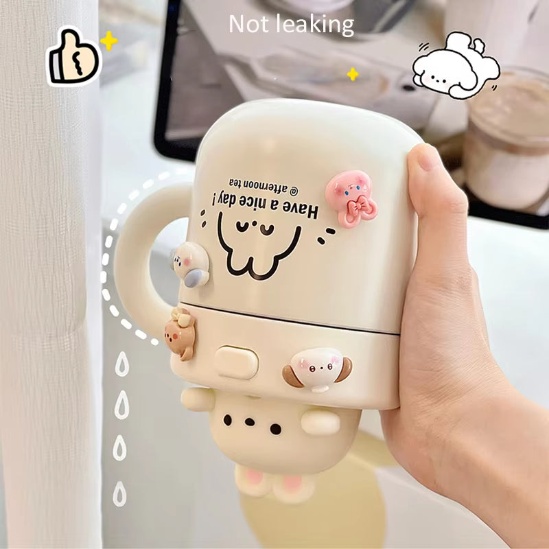 Kawaii Bear Thermal Mug Insulated Coffee Tumbler for Hot Cold Drinks Water Tea Large Thermos Stainless Steel Cup with Straw Lid
