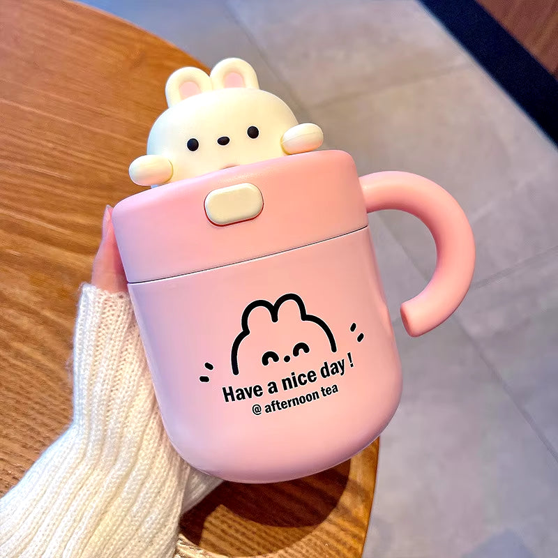 Kawaii Bear Thermal Mug Insulated Coffee Tumbler for Hot Cold Drinks Water Tea Large Thermos Stainless Steel Cup with Straw Lid