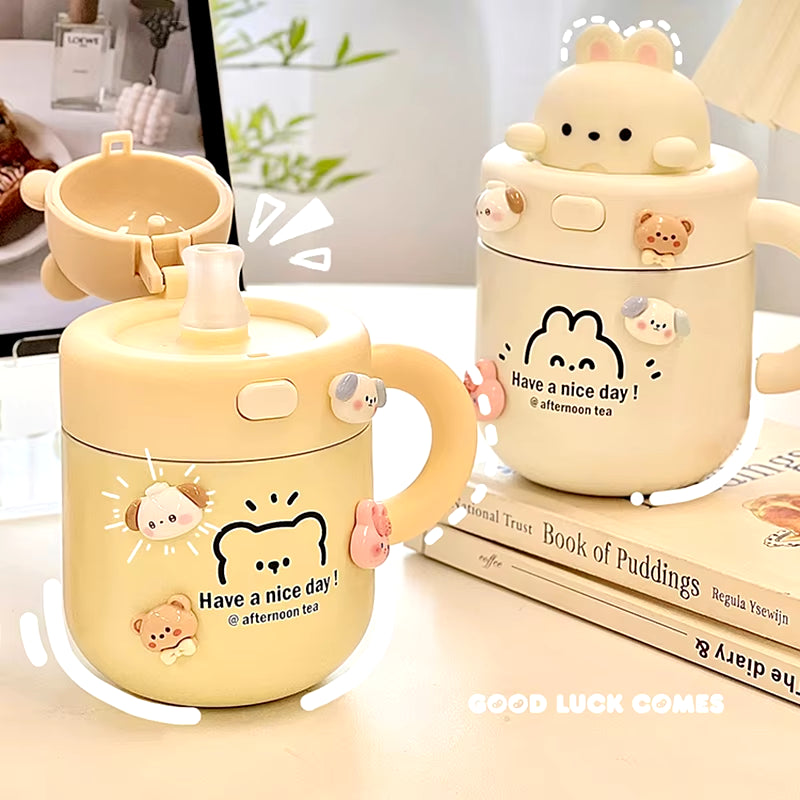 Kawaii Bear Thermal Mug Insulated Coffee Tumbler for Hot Cold Drinks Water Tea Large Thermos Stainless Steel Cup with Straw Lid