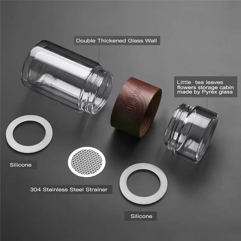 BOZZH Glass Tea Bottle Portable Double Wall Kung Fu Tea with Case Tea Drink Bottle Infuser Tumbler Drinkware Creative Gift