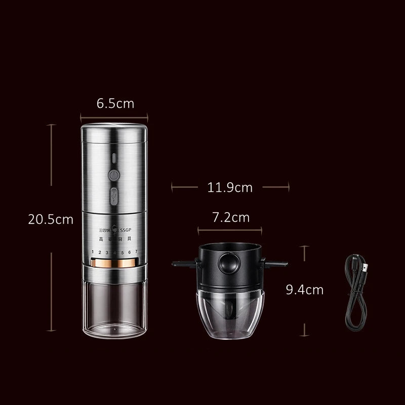 LFGB Certificate 304 Stainless Steel Portable Rechargeable Silent 7 Gears Adjustable Office Coffee Bean Grinder with Filter Cup
