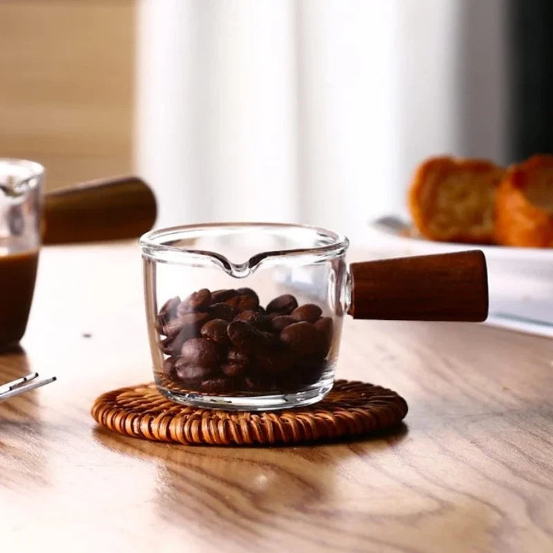 100Ml Coffee Cup with Graduated Glass Dosing Mup Resistant Tropical Wooden Handle Espresso Cups for Barista Milk Coffeeware