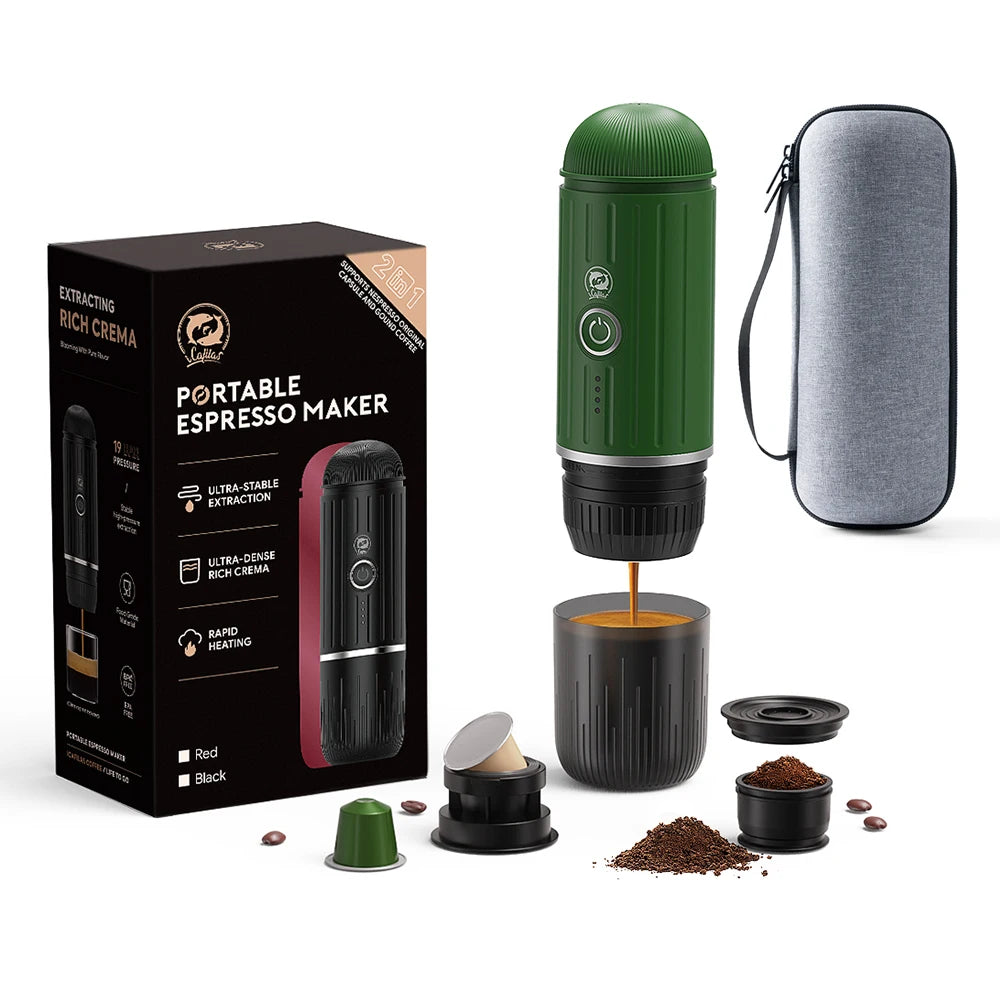 2 in 1 Portable Espresso Machine Coffee Maker Compatible with Nespresso Capsule Ground Coffee for Car Traval Camping Coffeeware