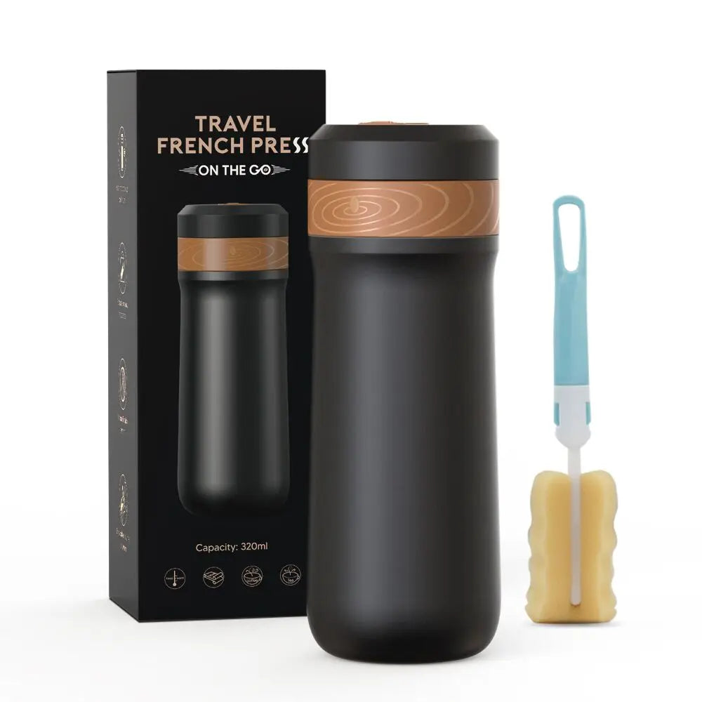 2IN 1 Portable French Press Pot 320Ml Travel Coffee Maker Stainless Steel Double-Walled Coffee Tea Bottle & Thermo Jug Kettle