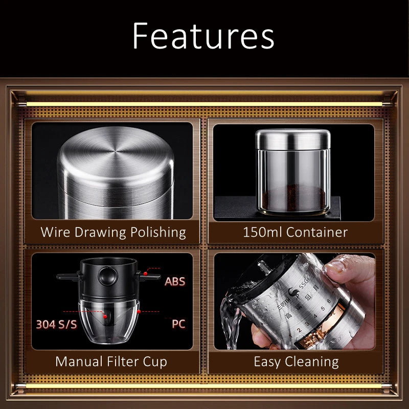 LFGB Certificate 304 Stainless Steel Portable Rechargeable Silent 7 Gears Adjustable Office Coffee Bean Grinder with Filter Cup