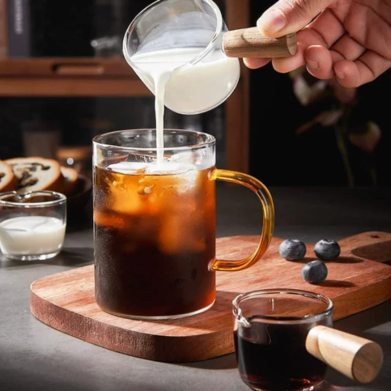 100Ml Coffee Cup with Graduated Glass Dosing Mup Resistant Tropical Wooden Handle Espresso Cups for Barista Milk Coffeeware