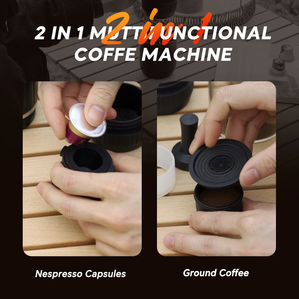 2 in 1 Portable Espresso Machine Coffee Maker Compatible with Nespresso Capsule Ground Coffee for Car Traval Camping Coffeeware