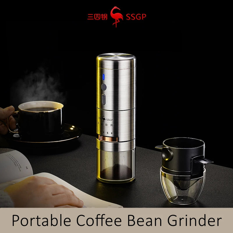 LFGB Certificate 304 Stainless Steel Portable Rechargeable Silent 7 Gears Adjustable Office Coffee Bean Grinder with Filter Cup