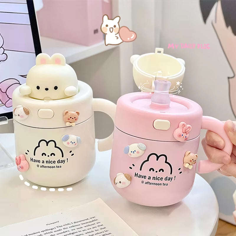 Kawaii Bear Thermal Mug Insulated Coffee Tumbler for Hot Cold Drinks Water Tea Large Thermos Stainless Steel Cup with Straw Lid