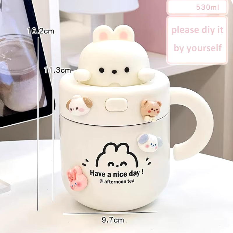 Kawaii Bear Thermal Mug Insulated Coffee Tumbler for Hot Cold Drinks Water Tea Large Thermos Stainless Steel Cup with Straw Lid