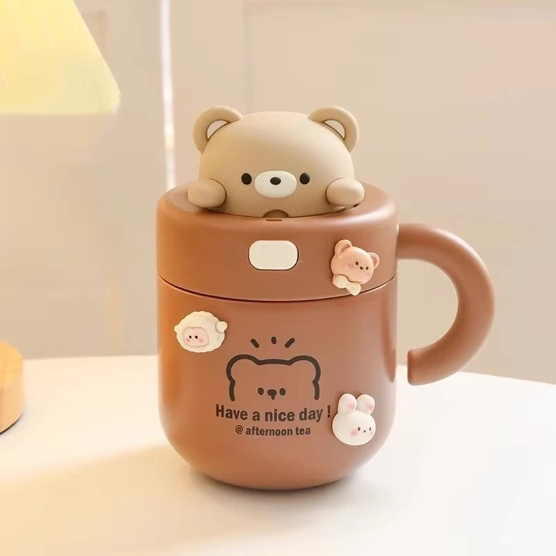 Kawaii Bear Thermal Mug Insulated Coffee Tumbler for Hot Cold Drinks Water Tea Large Thermos Stainless Steel Cup with Straw Lid