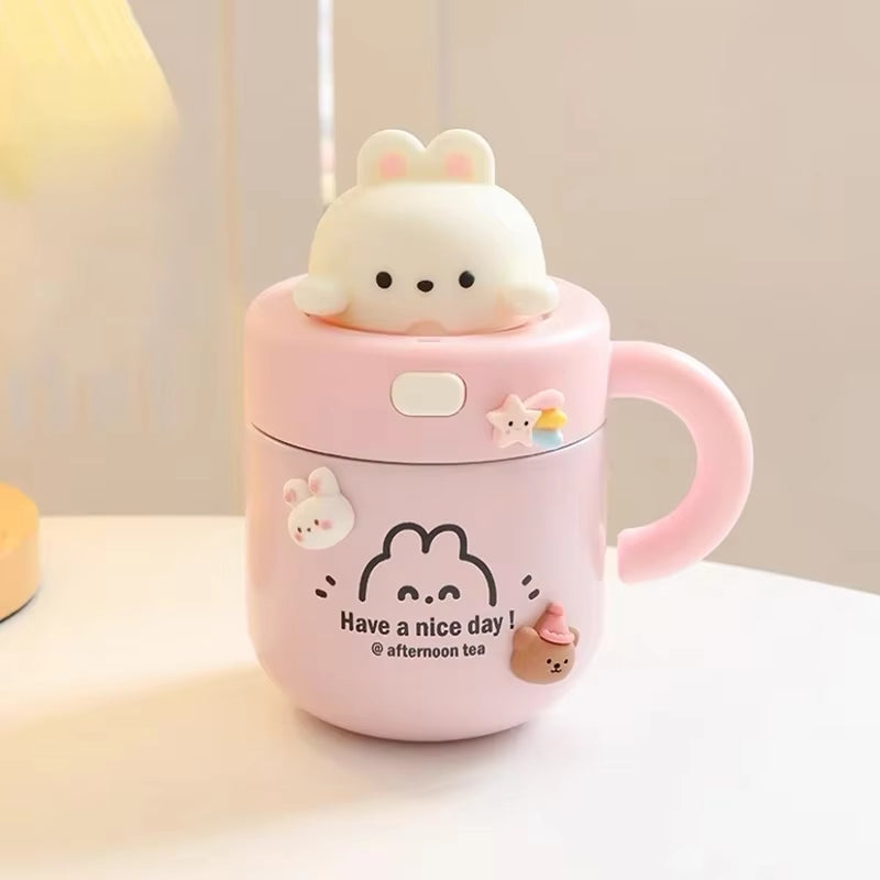 Kawaii Bear Thermal Mug Insulated Coffee Tumbler for Hot Cold Drinks Water Tea Large Thermos Stainless Steel Cup with Straw Lid