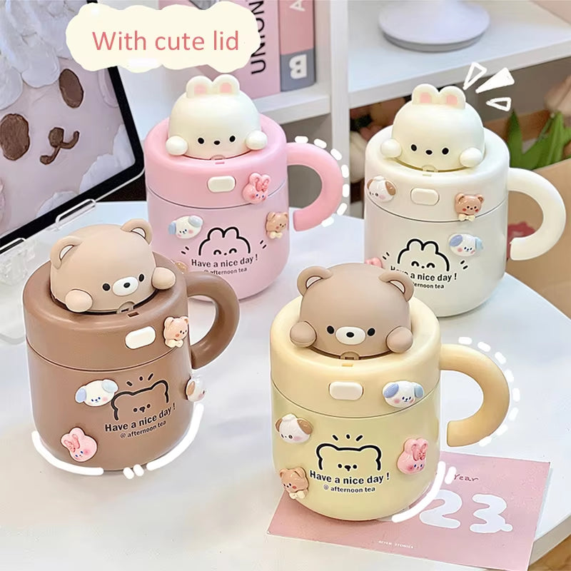 Kawaii Bear Thermal Mug Insulated Coffee Tumbler for Hot Cold Drinks Water Tea Large Thermos Stainless Steel Cup with Straw Lid