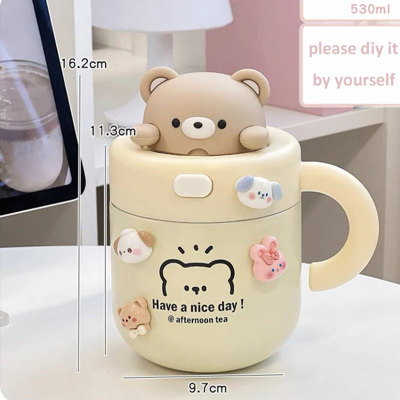 Kawaii Bear Thermal Mug Insulated Coffee Tumbler for Hot Cold Drinks Water Tea Large Thermos Stainless Steel Cup with Straw Lid