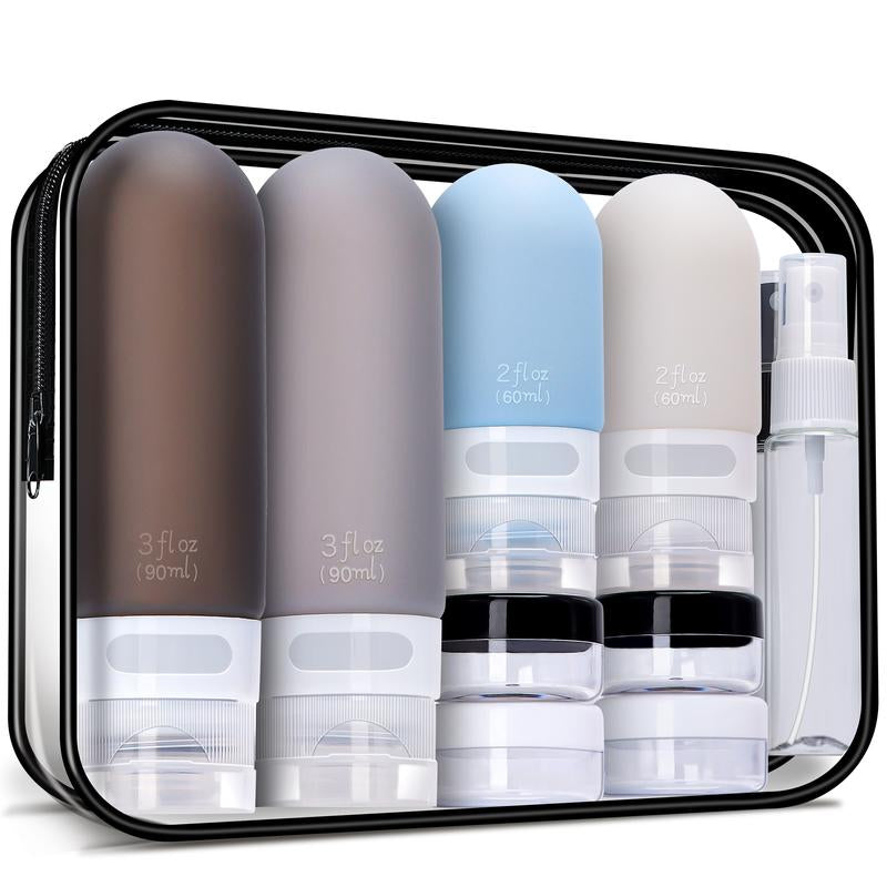 17 in 1 Small Travel Toiletries Sets with Storage Bag, Lightweight Travel Skincare Containers with Toiletry Bottles, Cleaning Brush, Spray Bottle, Travel Jars, Spoon, Funnel & Sticker Label Silicone Organiser