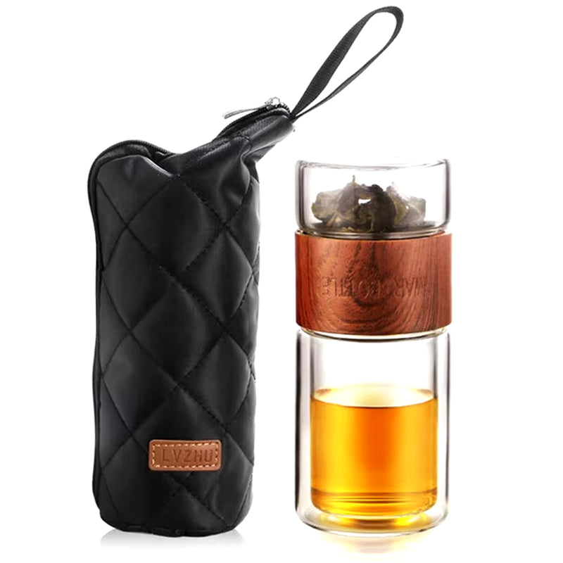 BOZZH Glass Tea Bottle Portable Double Wall Kung Fu Tea with Case Tea Drink Bottle Infuser Tumbler Drinkware Creative Gift