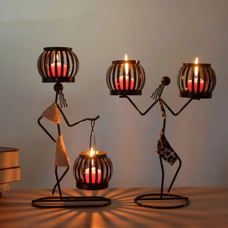 Retro Iron Holder Abstract Man Candlestick Desktop Art Ornament for Home Wedding Birthday Party Dining Table Decor Gift