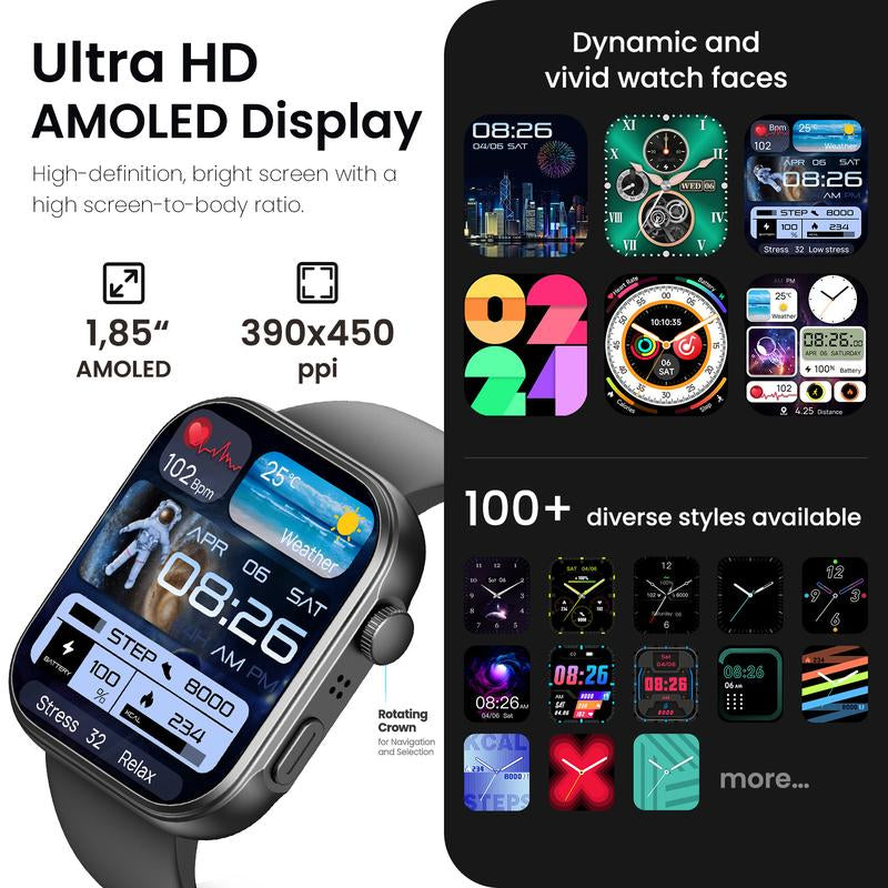 TOZO S6 Smartwatch 1.85" AMOLED Ultra-Clear Screen Dynamic Watch Faces Bluetooth Call,100+ Sports Modes Fitness Watch Activity Tracker with Heart Rate/Sleep Oxygen Monitor IP68 Waterproof Devices Wearable Dustproof Smartphone Wristwatch Devices Wearable