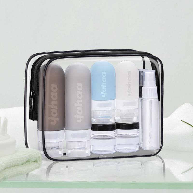 17 in 1 Small Travel Toiletries Sets with Storage Bag, Lightweight Travel Skincare Containers with Toiletry Bottles, Cleaning Brush, Spray Bottle, Travel Jars, Spoon, Funnel & Sticker Label Silicone Organiser