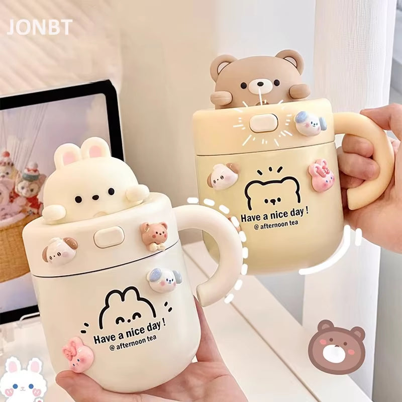 Kawaii Bear Thermal Mug Insulated Coffee Tumbler for Hot Cold Drinks Water Tea Large Thermos Stainless Steel Cup with Straw Lid