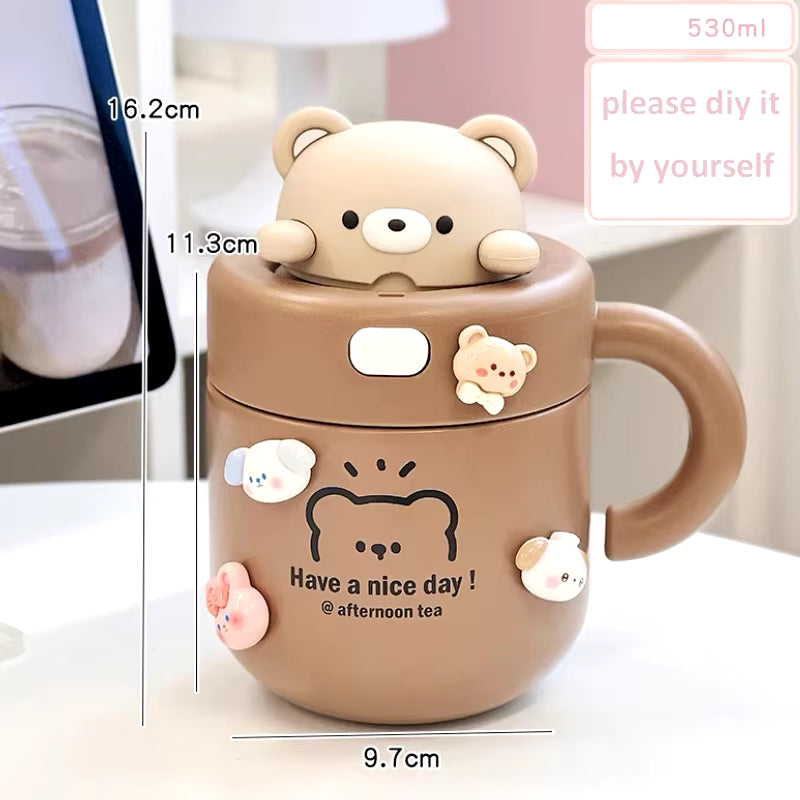 Kawaii Bear Thermal Mug Insulated Coffee Tumbler for Hot Cold Drinks Water Tea Large Thermos Stainless Steel Cup with Straw Lid
