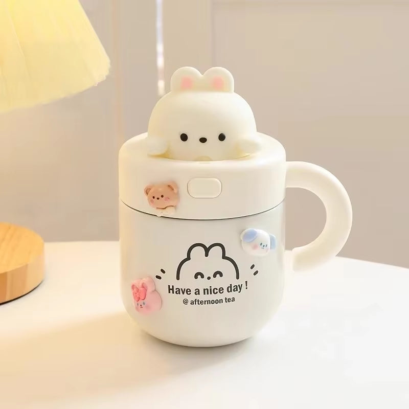 Kawaii Bear Thermal Mug Insulated Coffee Tumbler for Hot Cold Drinks Water Tea Large Thermos Stainless Steel Cup with Straw Lid