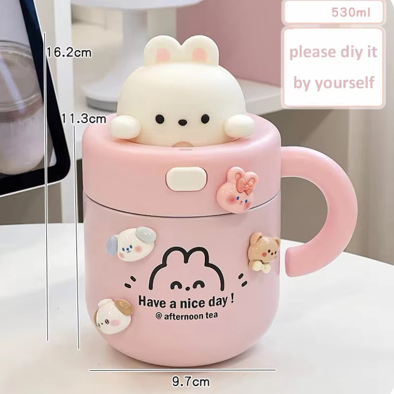 Kawaii Bear Thermal Mug Insulated Coffee Tumbler for Hot Cold Drinks Water Tea Large Thermos Stainless Steel Cup with Straw Lid