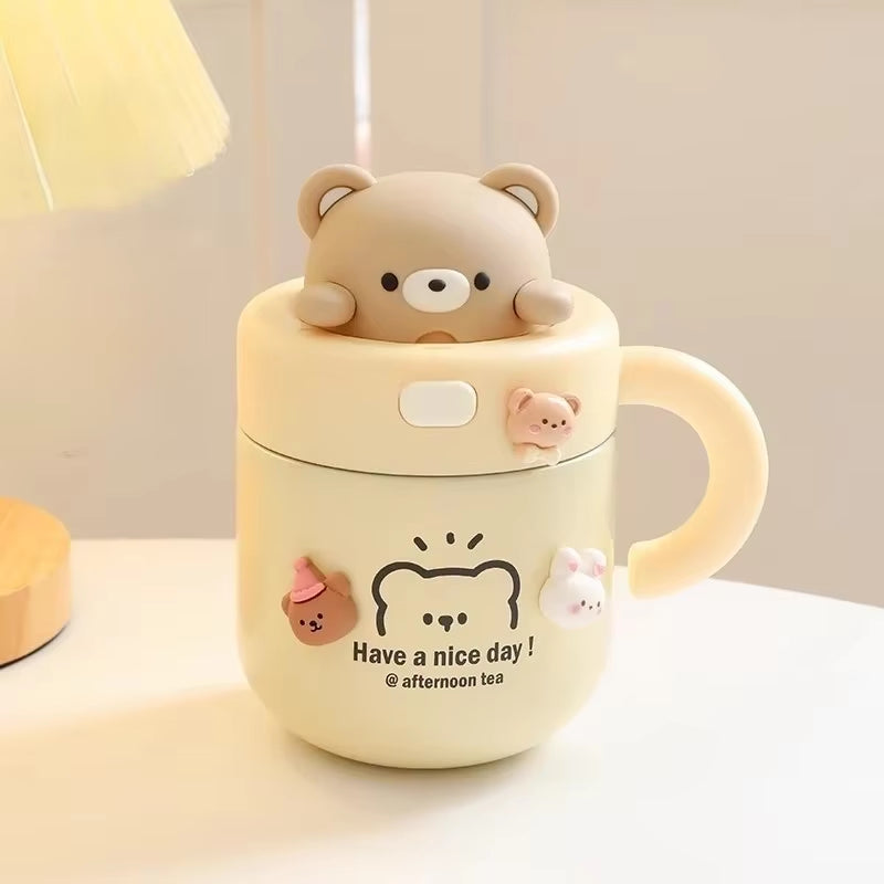 Kawaii Bear Thermal Mug Insulated Coffee Tumbler for Hot Cold Drinks Water Tea Large Thermos Stainless Steel Cup with Straw Lid