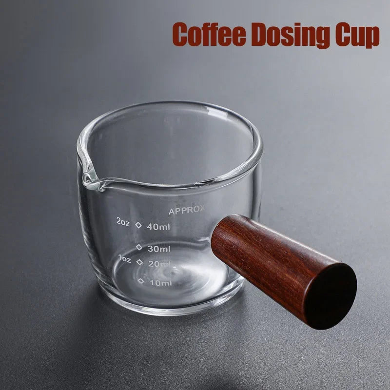 100Ml Coffee Cup with Graduated Glass Dosing Mup Resistant Tropical Wooden Handle Espresso Cups for Barista Milk Coffeeware