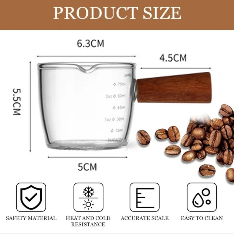 100Ml Coffee Cup with Graduated Glass Dosing Mup Resistant Tropical Wooden Handle Espresso Cups for Barista Milk Coffeeware