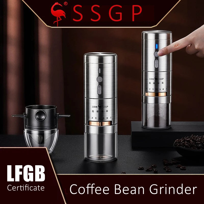 LFGB Certificate 304 Stainless Steel Portable Rechargeable Silent 7 Gears Adjustable Office Coffee Bean Grinder with Filter Cup