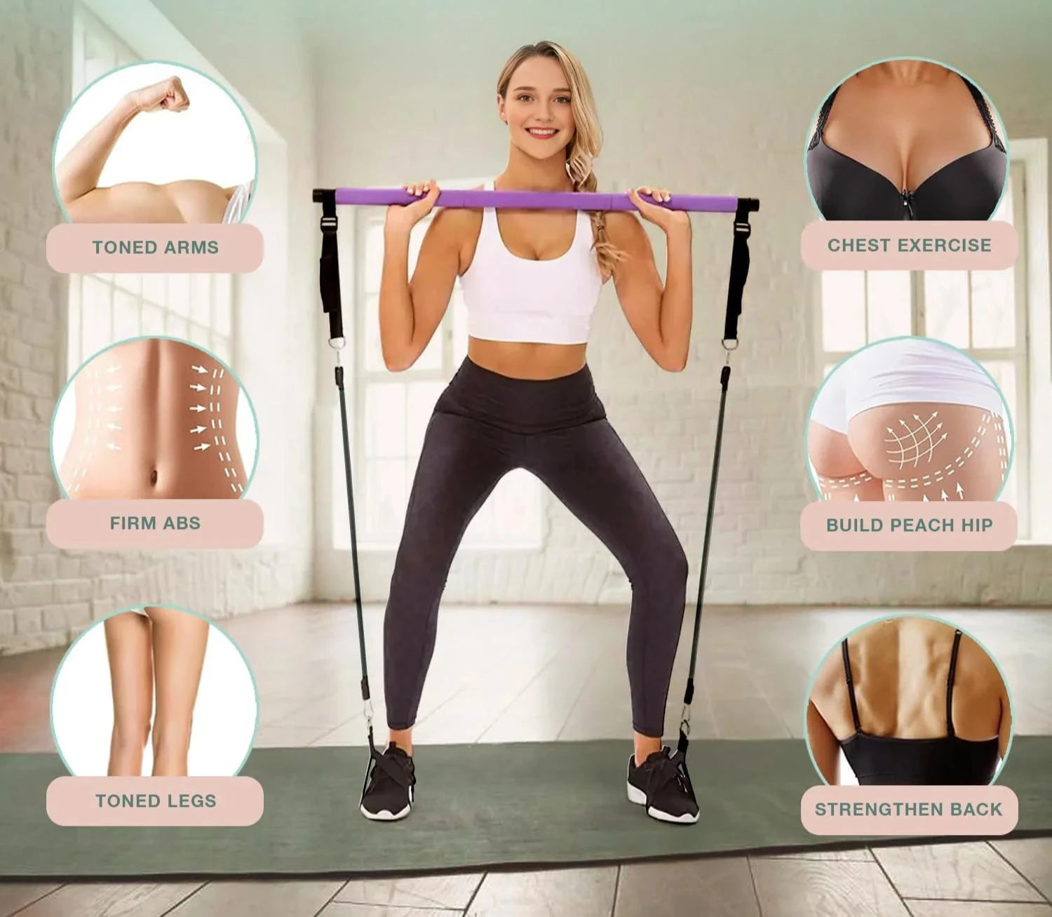 Pilates Bar Kit with Resistance Bands,3-Section Pilates Bar with Stackable Bands Workout Equipment for Legs,Hip,Waist and Arm,Ex