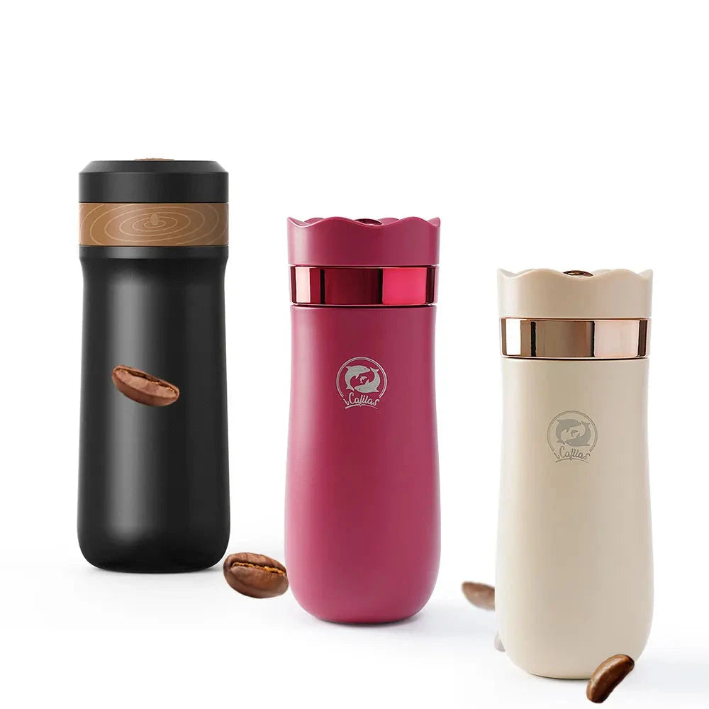 2IN 1 Portable French Press Pot 320Ml Travel Coffee Maker Stainless Steel Double-Walled Coffee Tea Bottle & Thermo Jug Kettle
