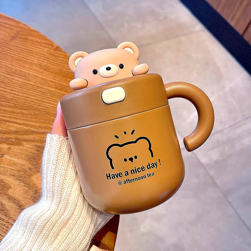 Kawaii Bear Thermal Mug Insulated Coffee Tumbler for Hot Cold Drinks Water Tea Large Thermos Stainless Steel Cup with Straw Lid