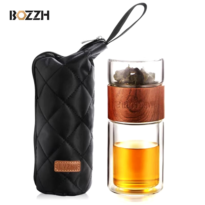 BOZZH Glass Tea Bottle Portable Double Wall Kung Fu Tea with Case Tea Drink Bottle Infuser Tumbler Drinkware Creative Gift